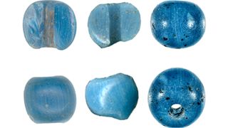 These three beads (each shown from two angles), were found by Lake Kaiyak (left), Kinyiksugvik Lake (center) and Punyik Point in Alaska.