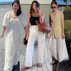 fashion collage of three style influencers including Marina Torres, Marianna Smyth, Marissa Cox wearing spring and summer essentials like white dresses, linen pants, and full skirts