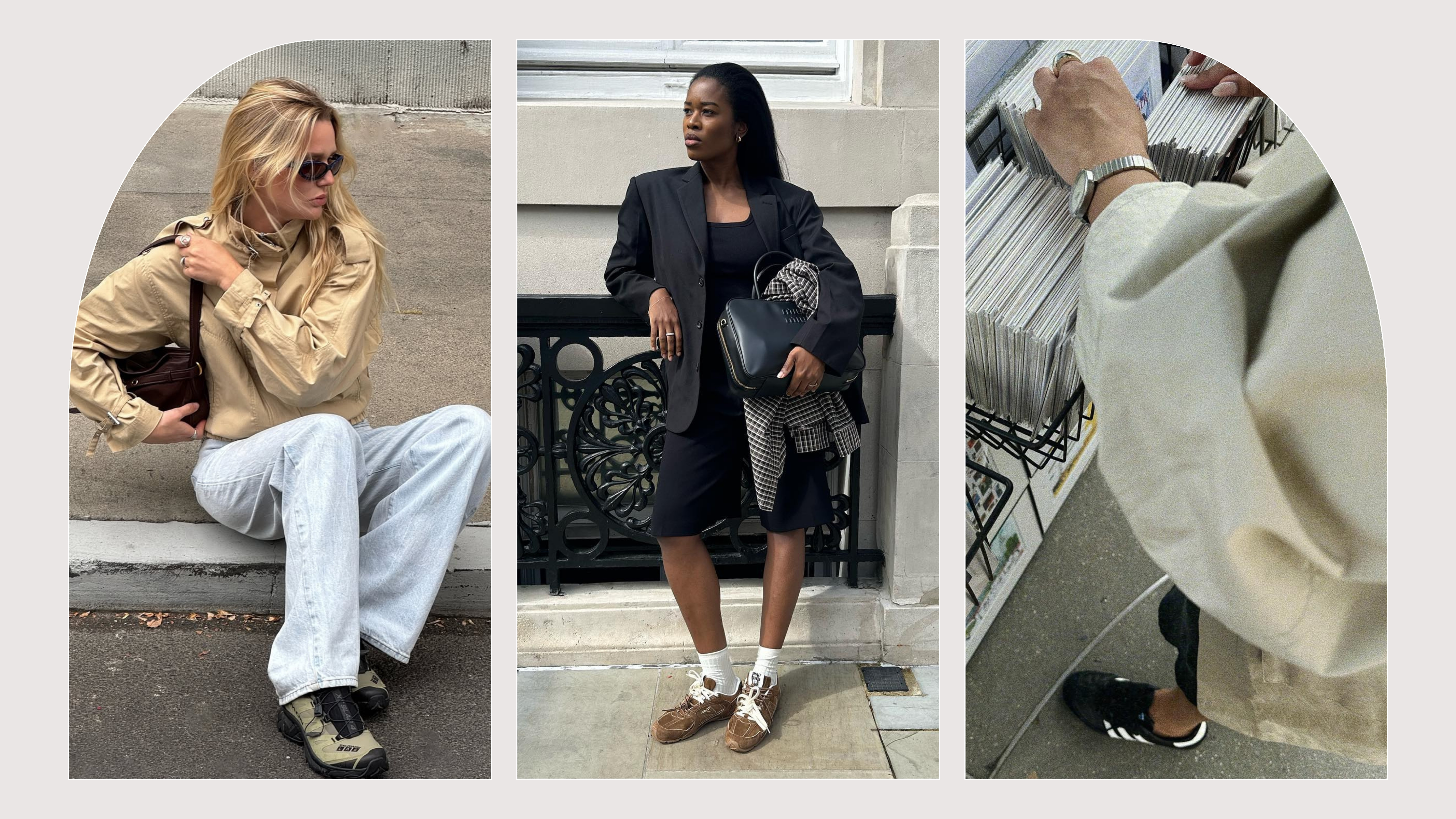 A selection of fashion content creators wear various autumn 2025 trainer trends