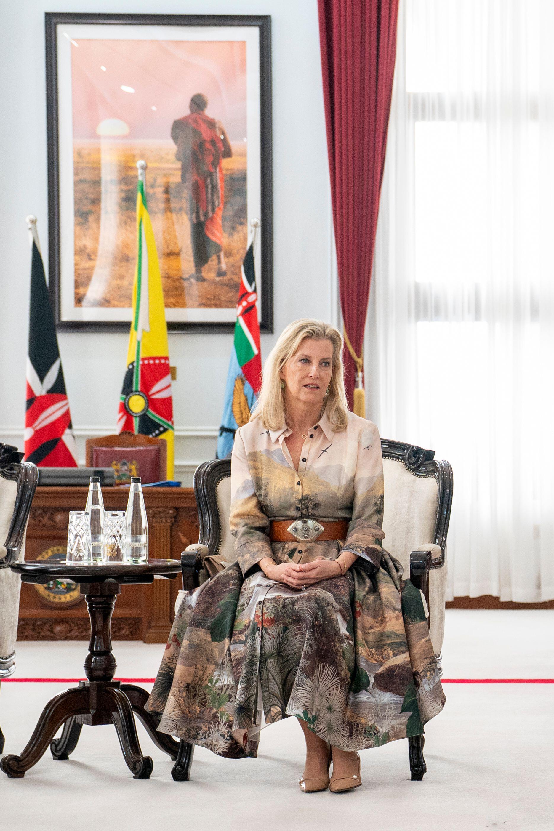Duchess Sophie wearing a long shirt dress sitting in a chair