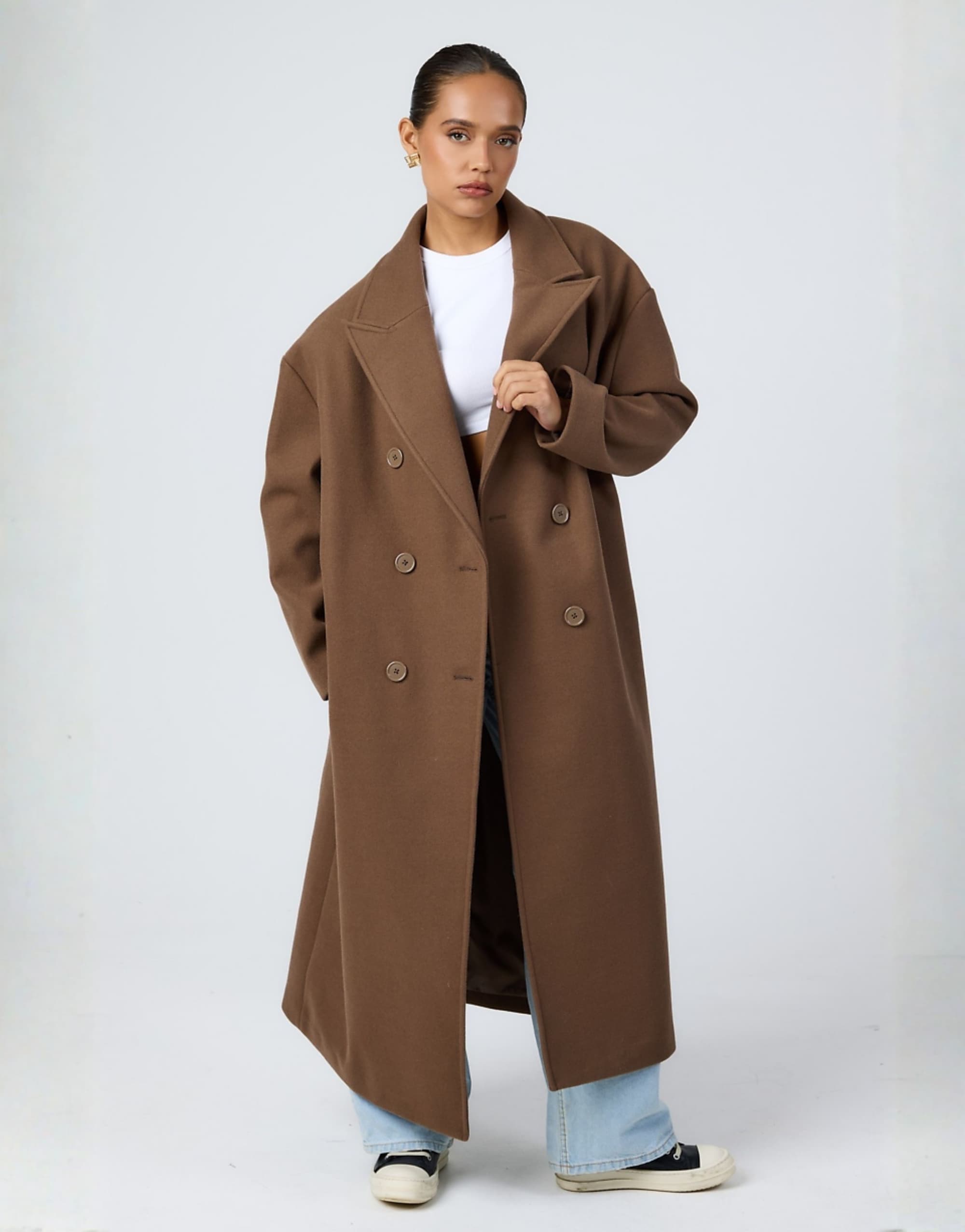 Aria Cove Wool Look Formal Double Breasted Longline Maxi Coat in Brown
