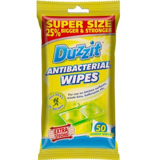 Packet of yellow Duzzit antibacterial wipes