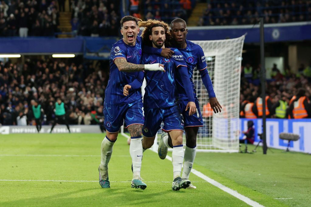 LONDON, ENGLAND - DECEMBER 15: Marc Cucurella of Chelsea celebrates scoring his team&#039;s first goal with teammates Enzo Fernandez and Nicolas Jackson during the Premier League match between Chelsea FC and Brentford FC at Stamford Bridge on December 15, 2024 in London, England. (Photo by Chris Lee - Chelsea FC/Chelsea FC via Getty Images)