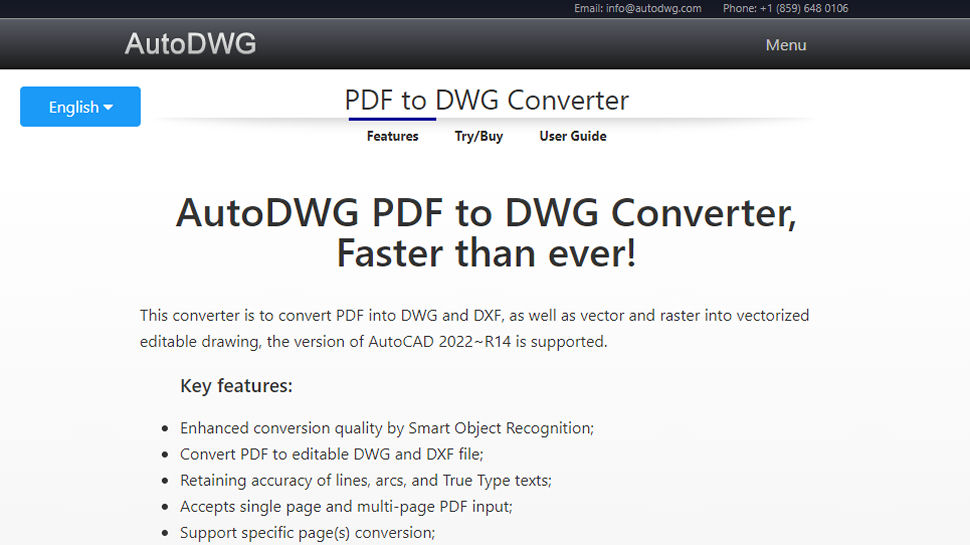 Website screenshot of AutoDWG PDF to DWG Converter