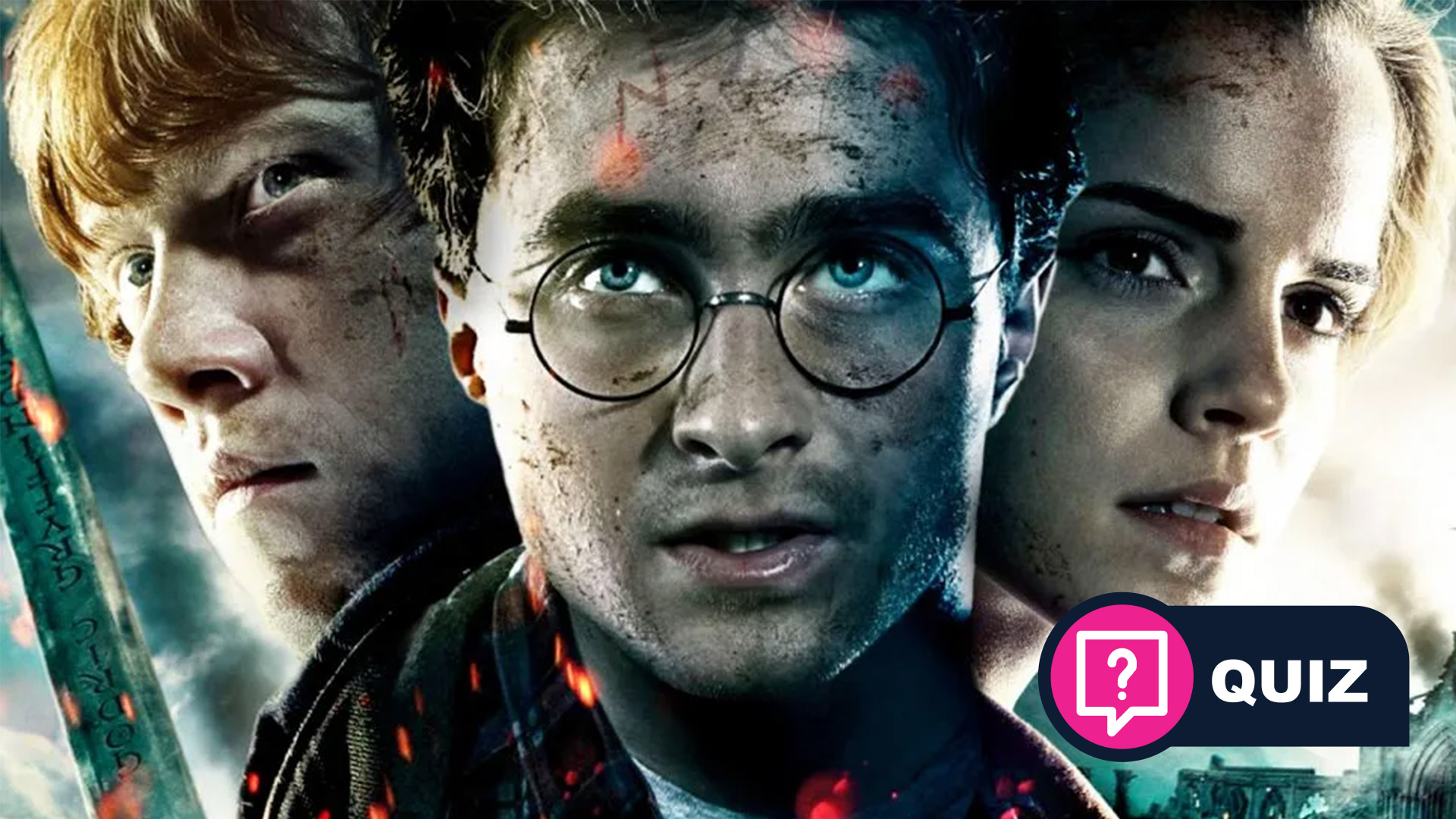 Rupert Grint, Daniel Radcliffe and Emma Watson pose for the cover of a Harry Potter movie