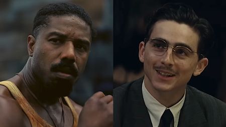 Michael B. Jordan scowling in Sinners/ Timothee Chalamet smiling and wearing glasses in Marty Supreme (side by side image) 