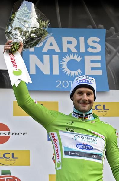 Tom Boonen (Omega Pharma-Quickstep) in green after taking stage 2 of Paris-Nice