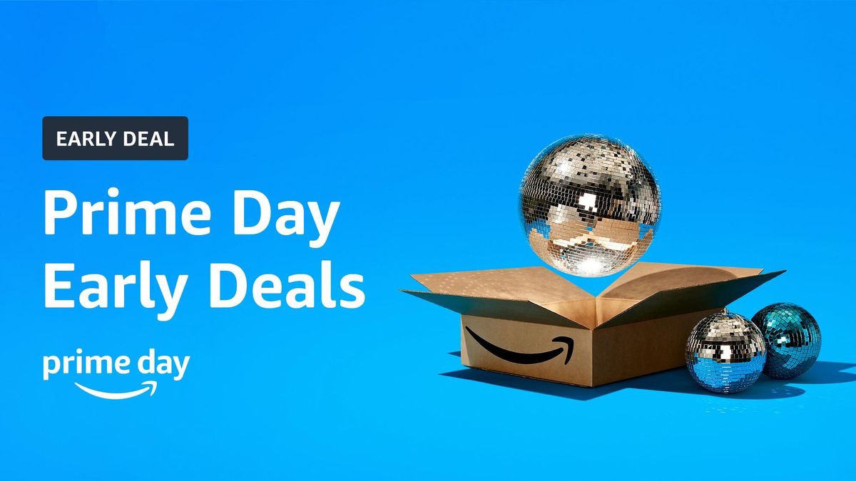 Amazon box with a glitterball inside next to Prime Day Early Deals text