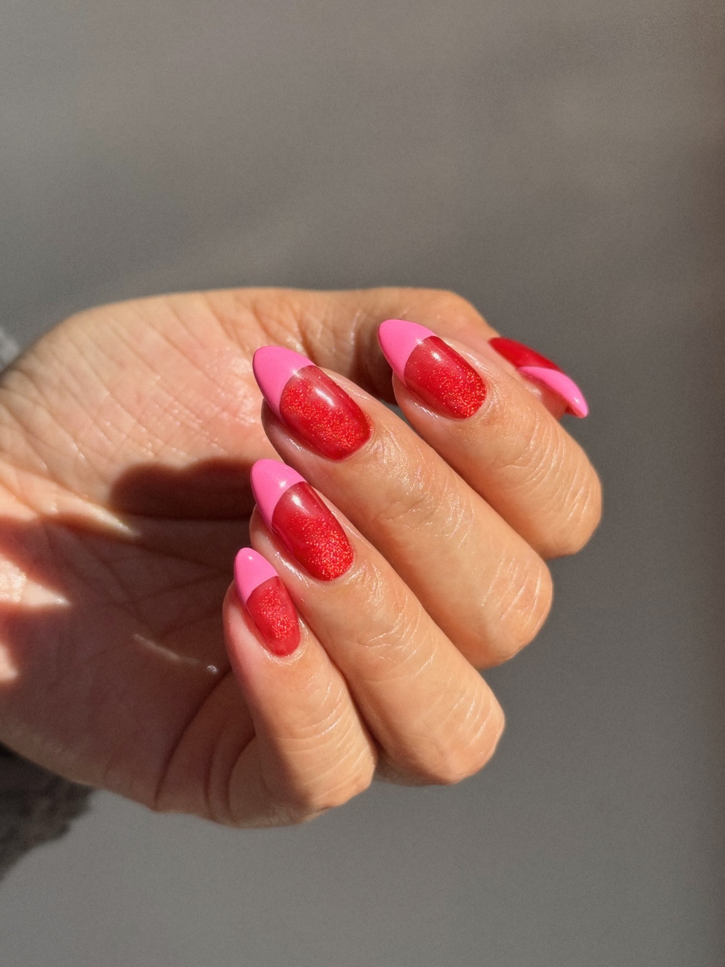 Red velvet and pink French tips.