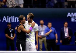 Rafael Nadal of Spain and Daniil Medvedev embrace after Nadal defeated Medvedev five sets in the mens final to win the US Open 2019 It was Nadals fourth US Open title Credit Adam StoltmanAlamy Live News New York United States 08th Sep 2019 Flushing Meadows New York