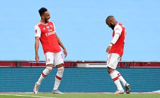 Lacazette celebrates with Aubameyang follownig his goal in the FA Cup semi-final win over Manchester City.