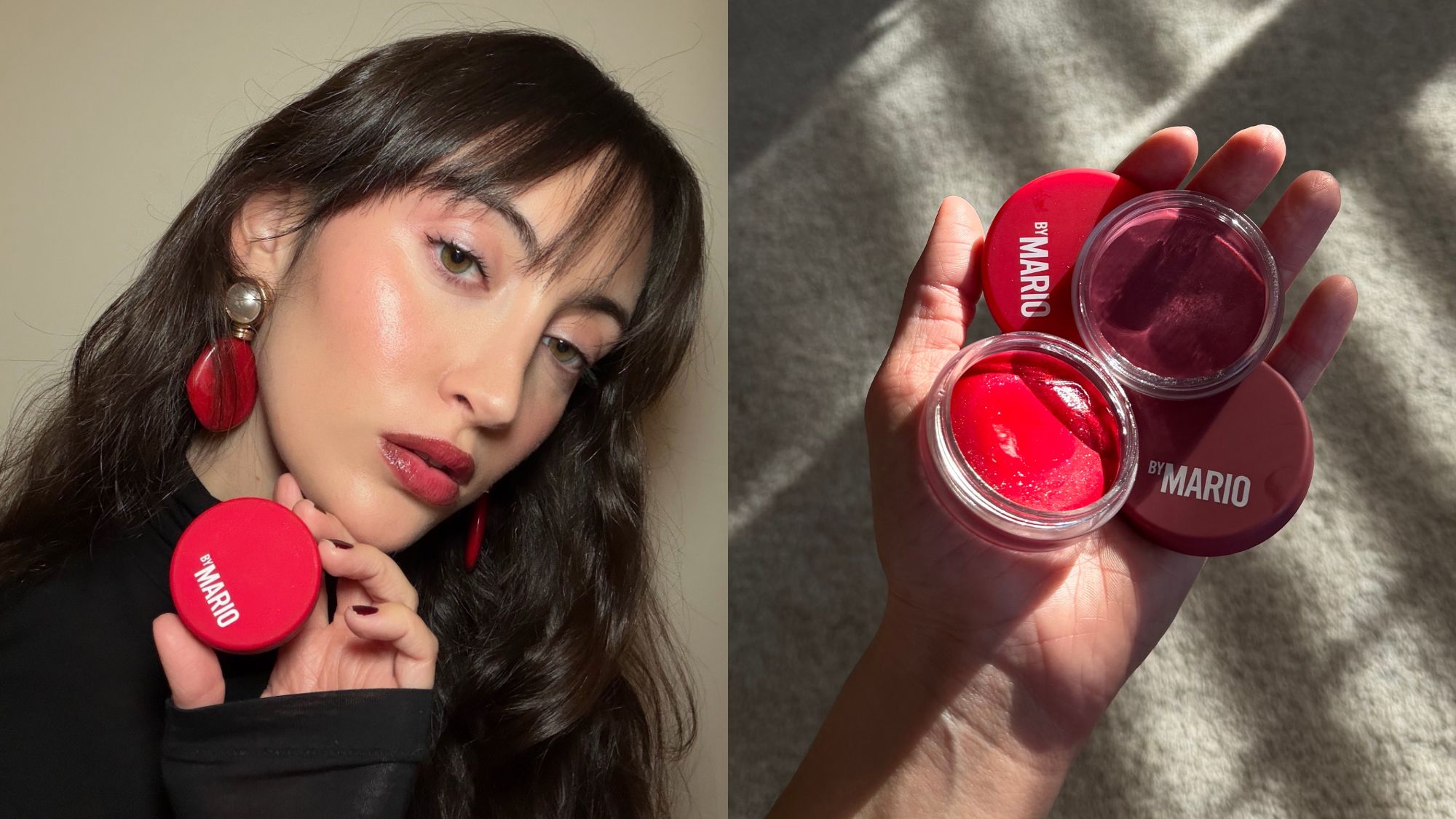 Who What Wear associate beauty editor Alyssa Brascia wearing and holding the Makeup by Mario Jelly Jars.