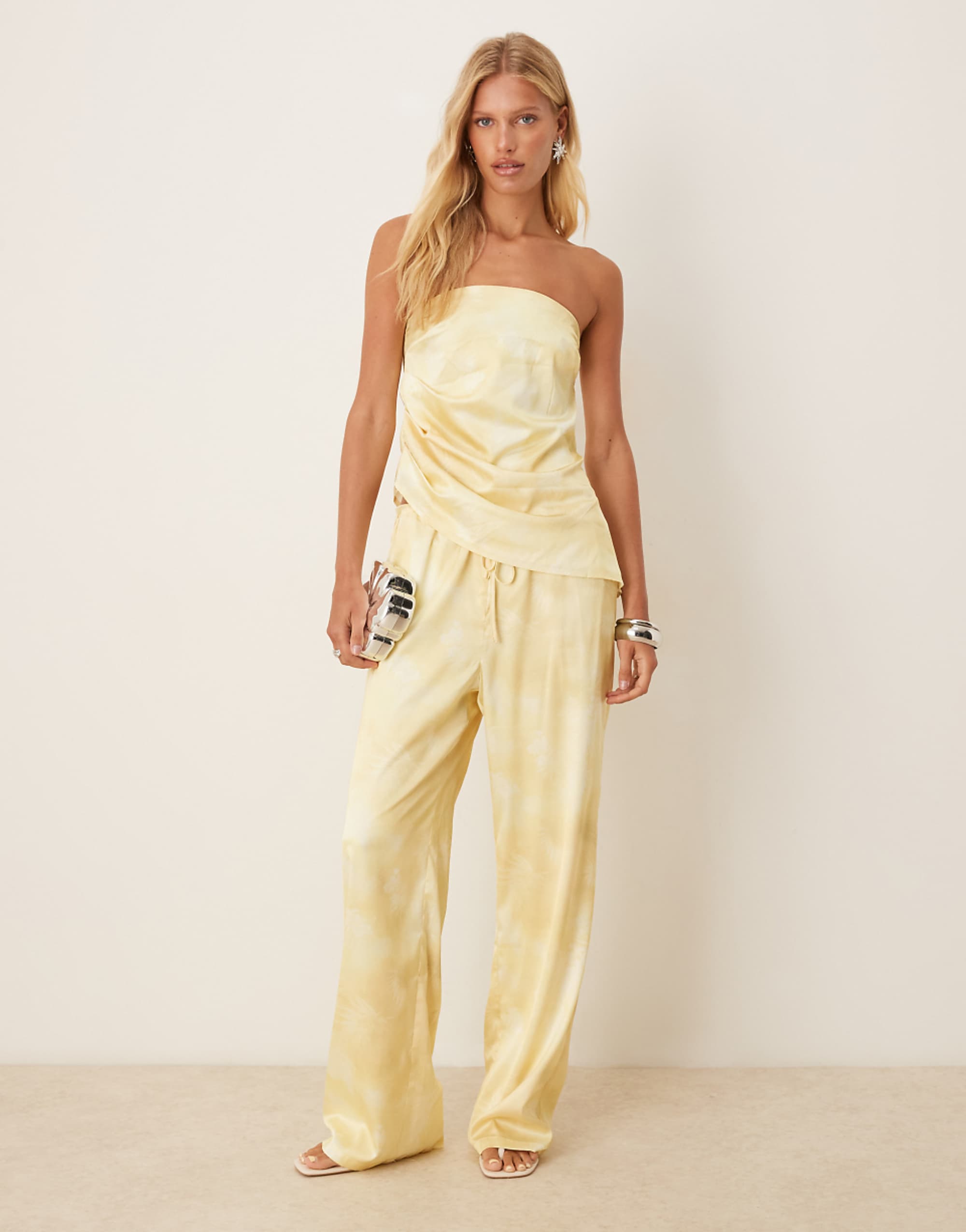 Sndys Satin Drawstring Waist Wide Leg Trousers Co-Ord in Yellow Blurred Print