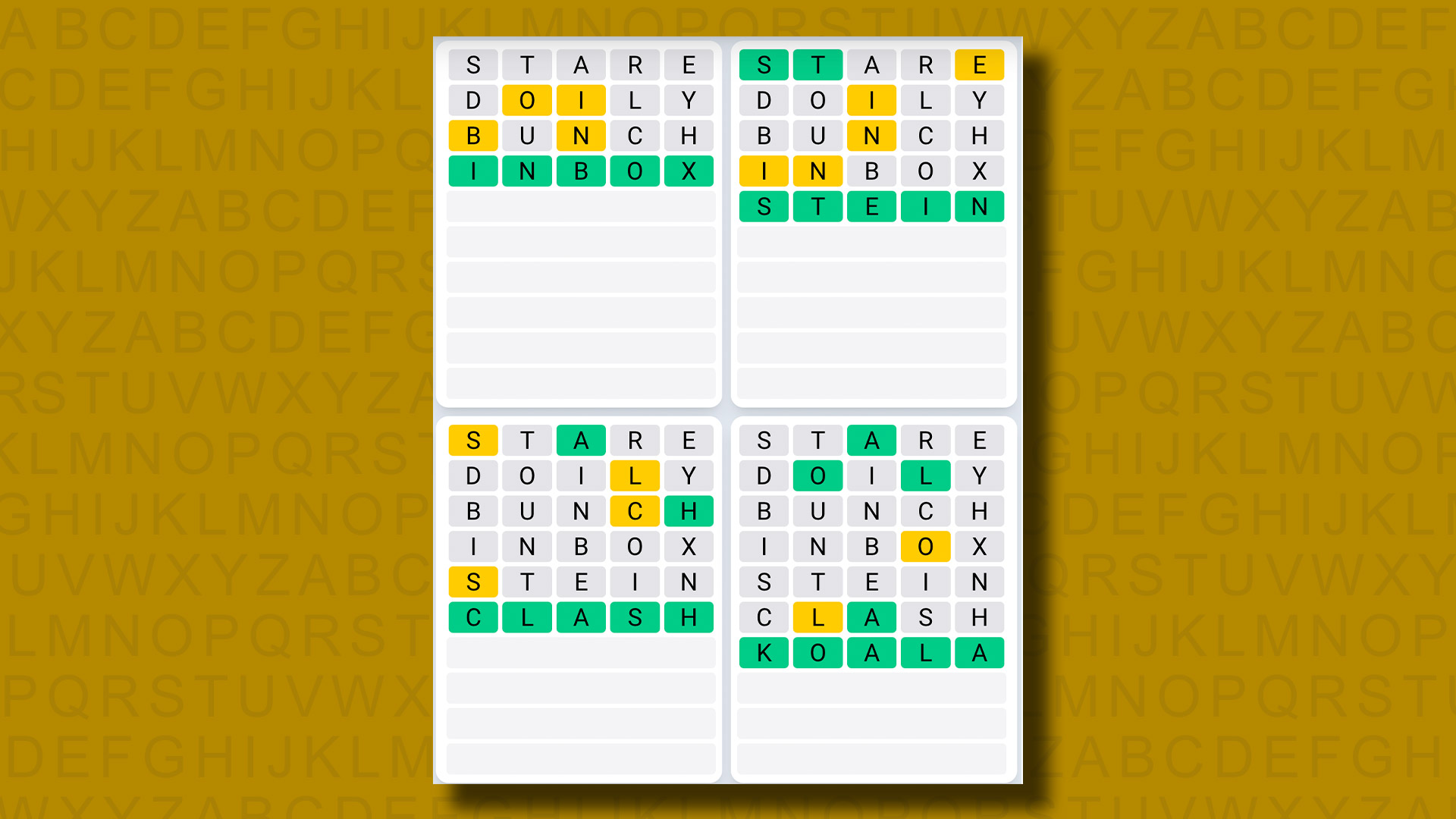 Quordle Daily Sequence answers for game 1042 on a yellow background