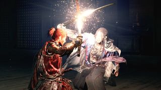Onimusha: Way of the Sword duel with blades clashing in a spectacular manner