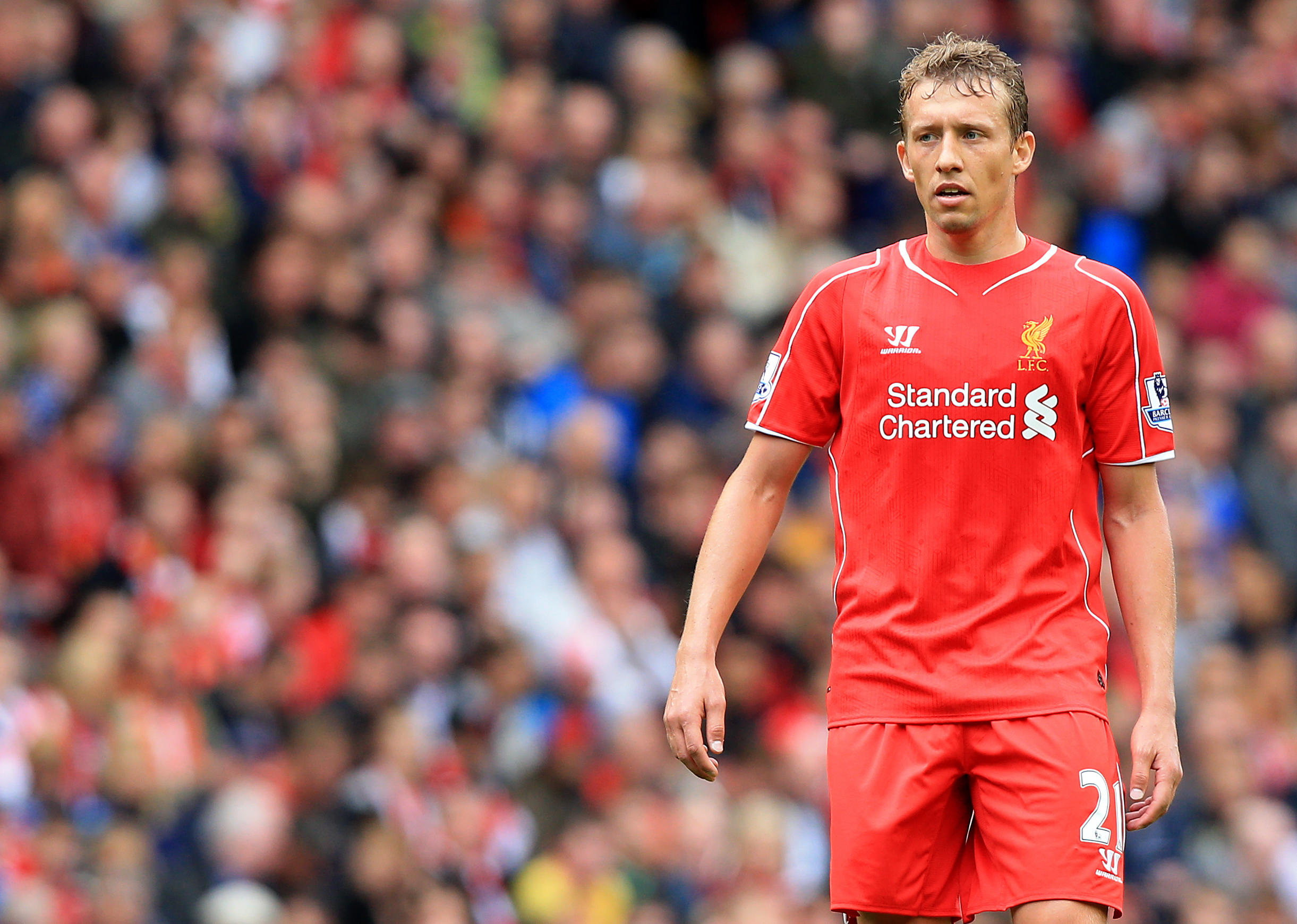 Lucas Leiva playing for Liverpool, 2014