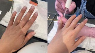 adjacent images of bare nails and nails being painted