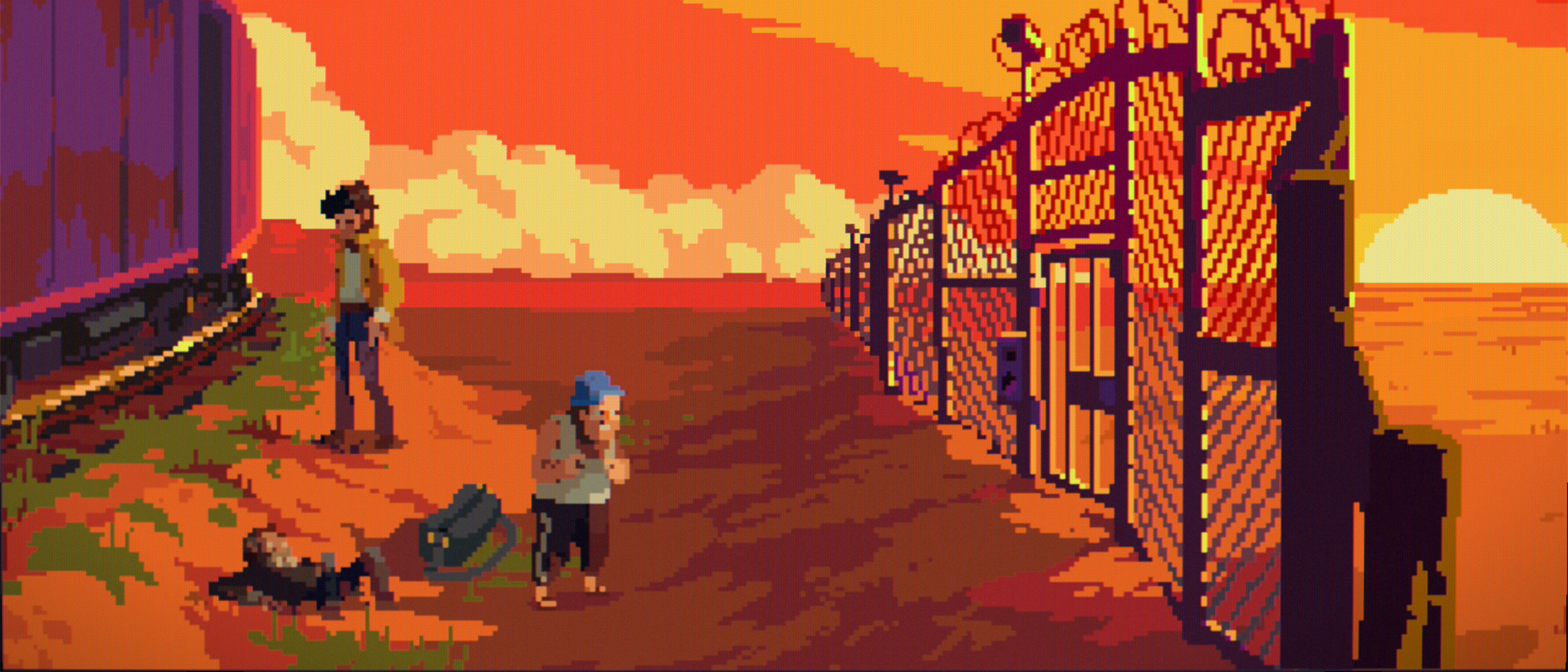 Sun set in a desert in pixel art game The Drifter