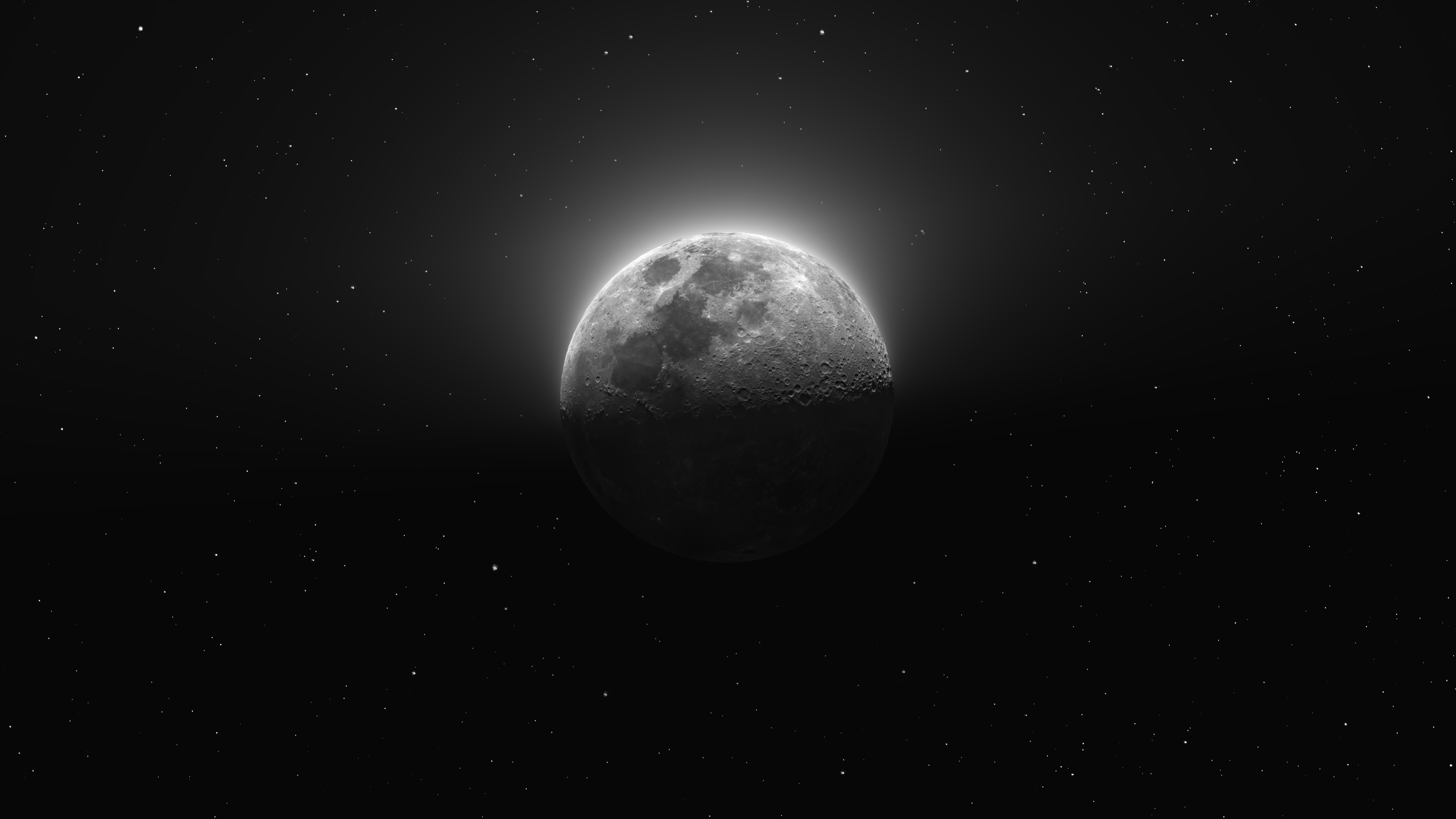 A photo of the half-lit moon shining in a starry night sky. The moon's upper half is lit by sunlight and a soft glow infuses the shadowed side. Dark lunar seas and craters mark the sunlit surface.