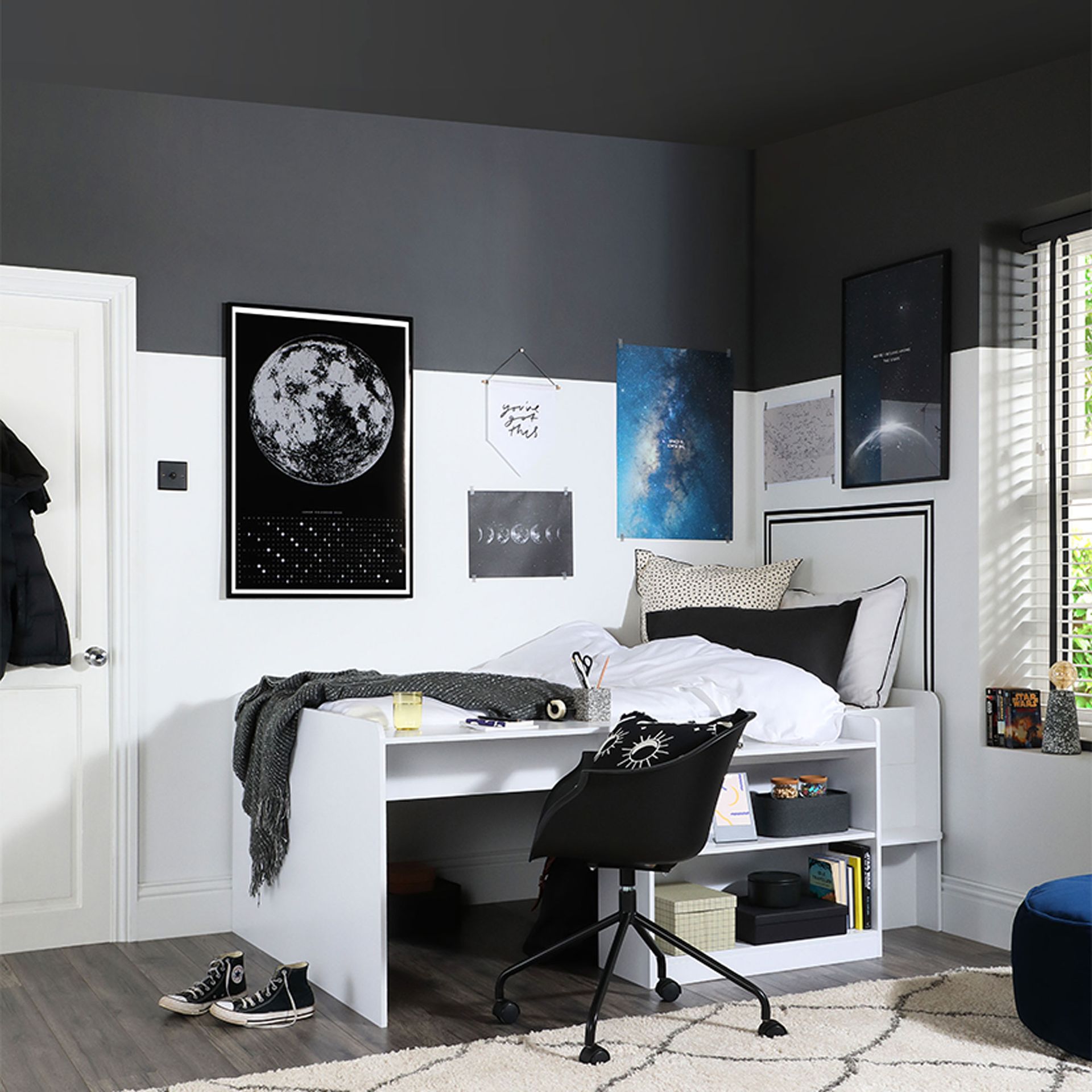 Teenage bedroom ideas with cabin bed and black and white walls