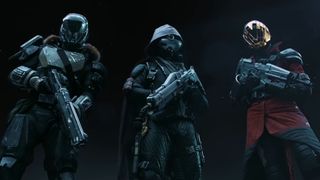 Destiny Become Legend trailer screenshot showing three figures standing side-by-side in full armor with weapons drawn