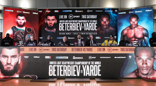 Promotional artwork for Artur Beterbiev vs Anthony Yarde displayed on a large indoor advertising board.