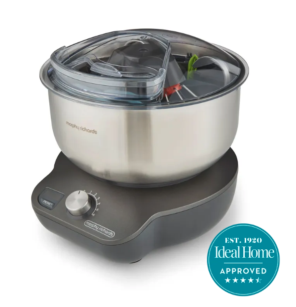 A Morphy Richards mixer on a white background with a 4.5 stars Ideal Home approved badge