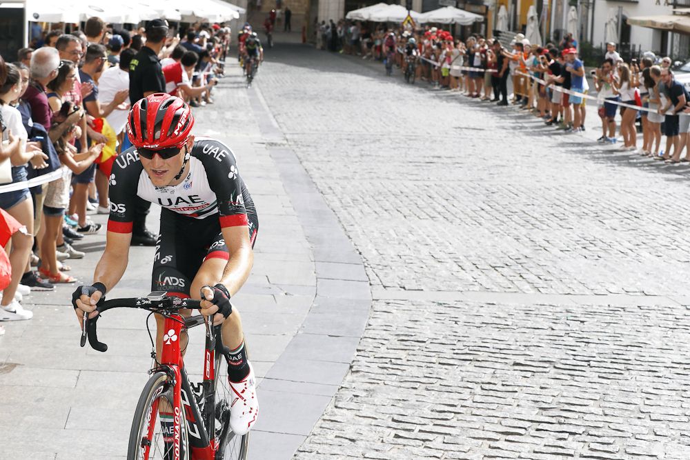 Matej Mohoric ( UAE Team Emirates) solos to the line during stage 7 at the Vuelta