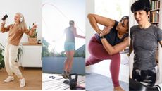 Various ways to exercise at home with women skipping rope, practising yoga, dancing, and walking on a treadmill