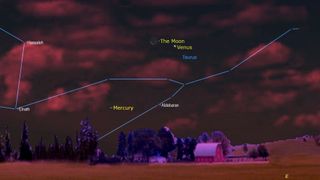 Graphic showing Venus close to the slim crescent moon in the predawn sky.