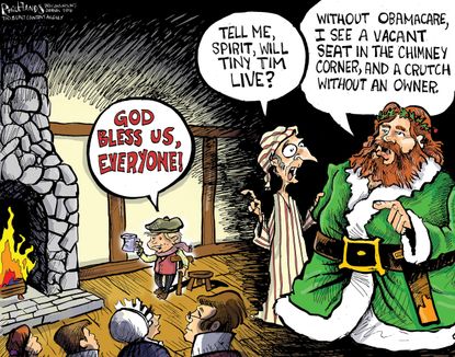 Political cartoon U.S. Tiny Tim Obamacare needed