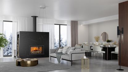 Clean and tidy luxury living room with working fireplace, dining table and snow view