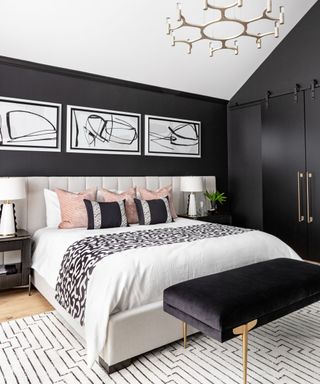 Art Deco bedroom with a fluted headboard and black accents