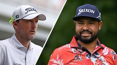 Russell Henley looks to his left (left) and JJ Spaun smiles while looking towards the camera (right)