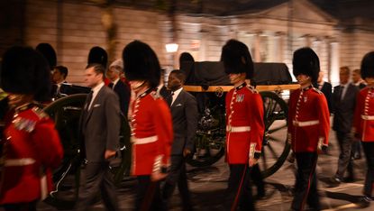 Grenadier Guards take part in a rehearsal of the ceremonial procession of Queen Elizabeth II’s coffin 