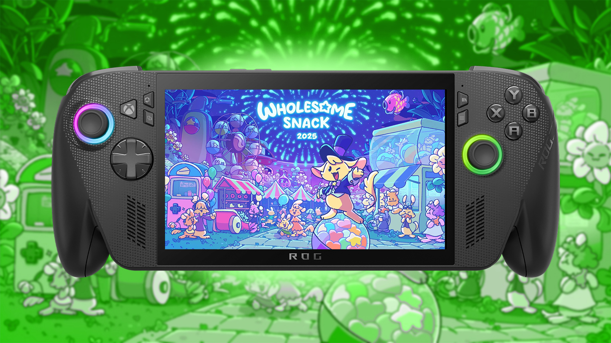 An Xbox Ally X showing the graphic for Wholesome Snack 2025 on the screen. 