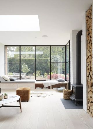 White living room with Crittall style windows