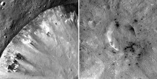 These mosaic images from NASA's Dawn mission show how dark, carbon-rich materials tend to speckle the rims of smaller craters or their immediate surroundings on the giant asteroid Vesta. The image on the left is Numisia Crater and the image on the right is a shallow, unnamed crater in the Sextilia quadrangle. Image released Jan. 3, 2013.