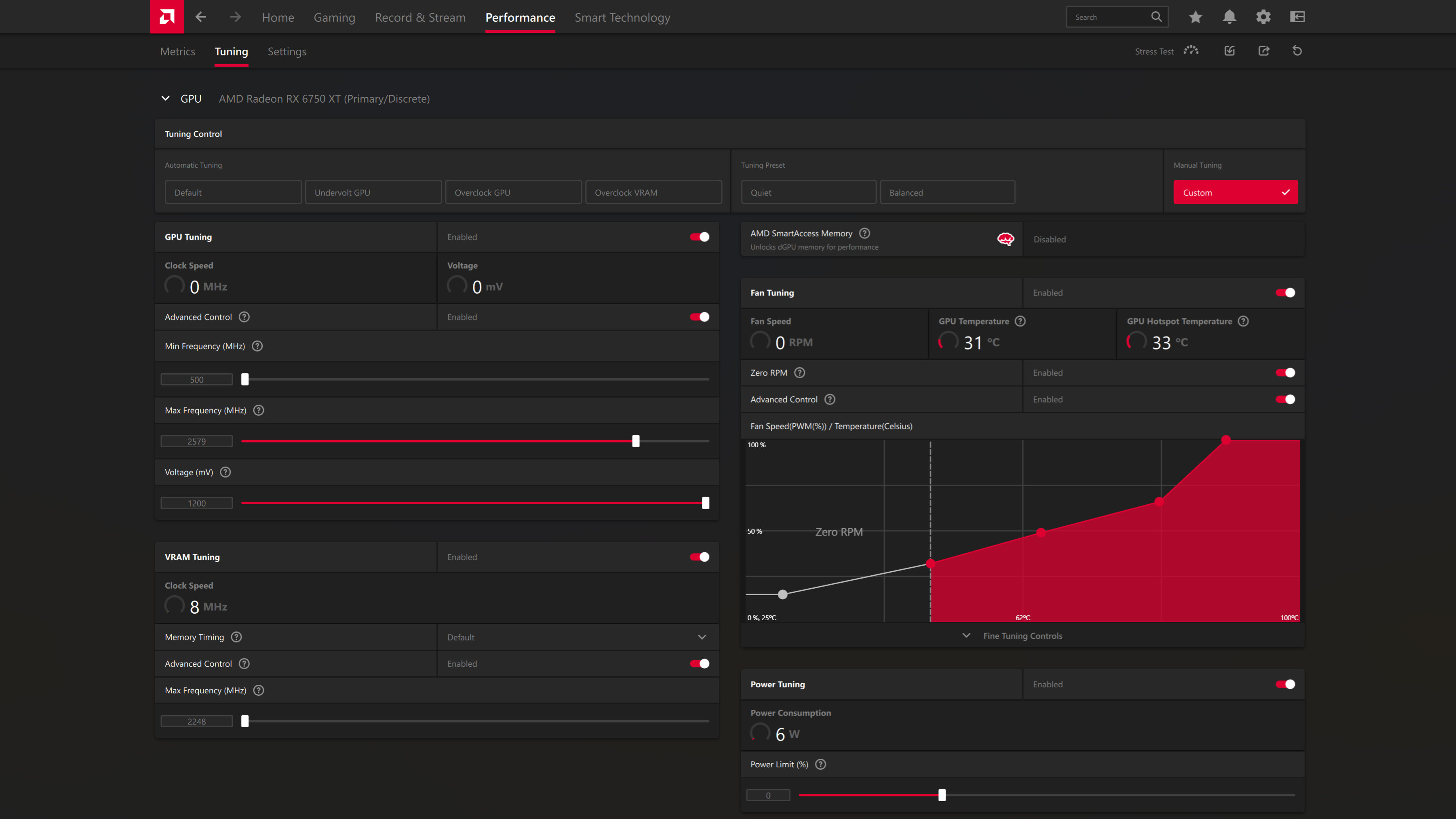 A screenshot of the GPU tuning menu in AMD's Radeon Adrenalin software
