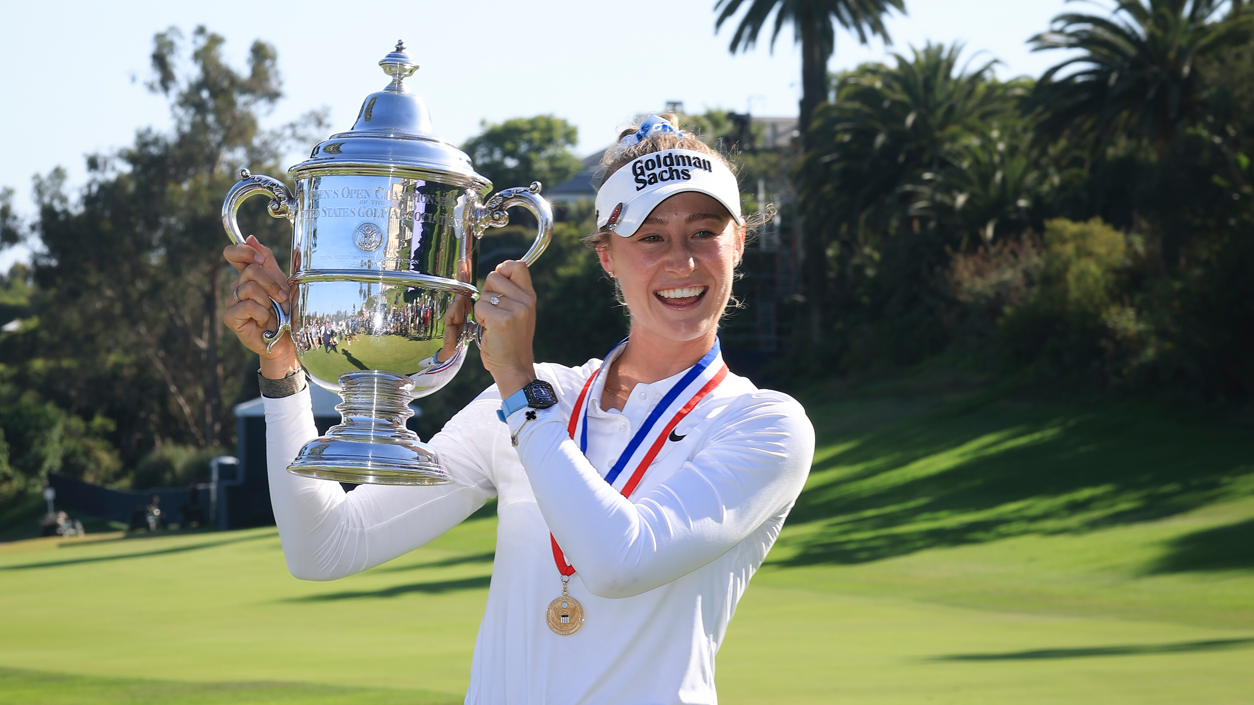 Nelly Korda holds the US Women's Open trophy
