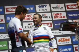 Outgoing world champion Peter Sagan passes the torch to Alejandro Valverde