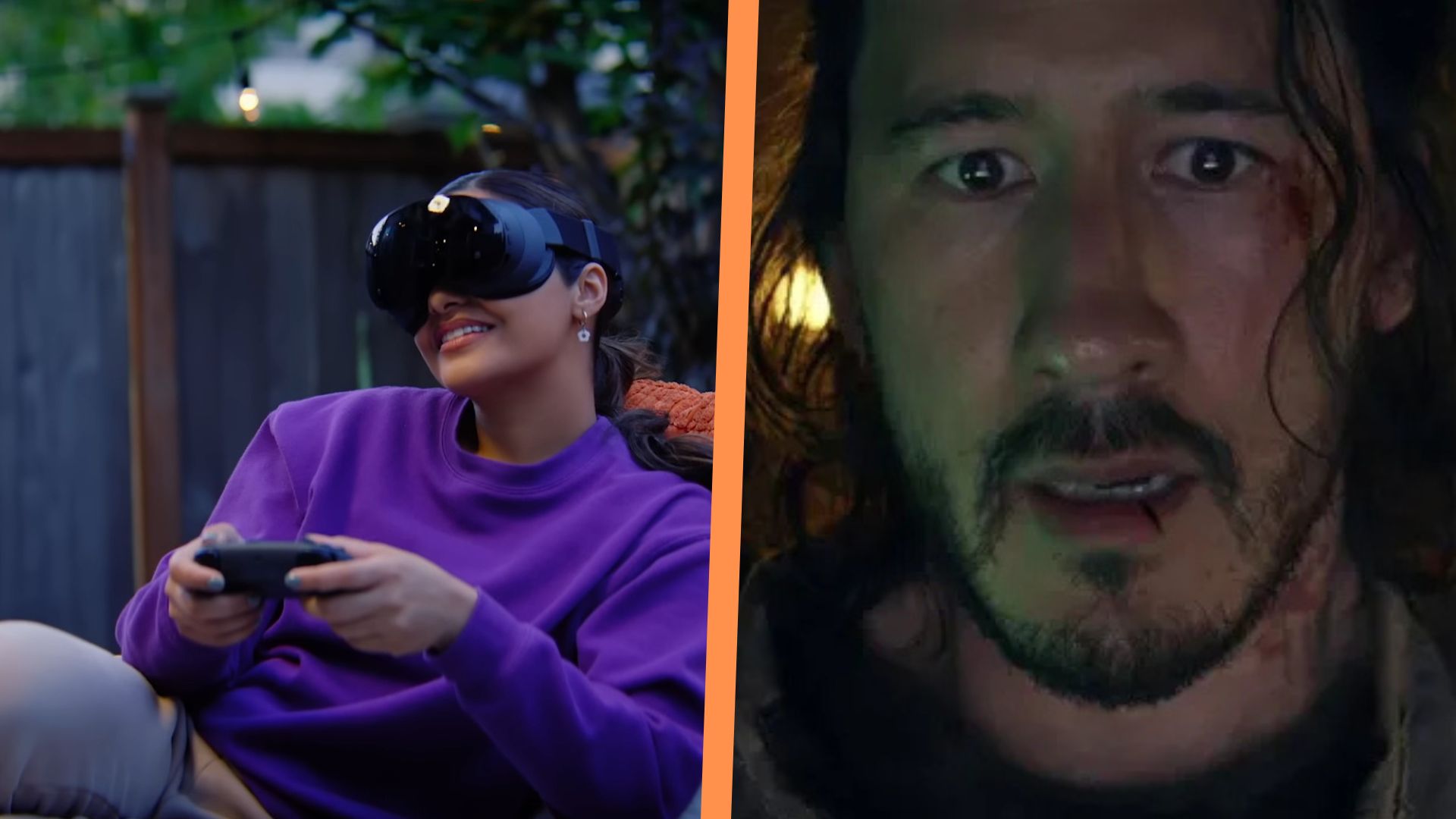 A side by side image of Markiplier in Iron Lung and a marketing image of someone using the Steam Frame