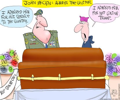 Political cartoon U.S. John McCain death uniter war hero Trump