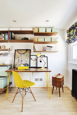 Loft room with multifunctional guest room and swering room, featuring yellow chair and vintage hairpin leg desk
