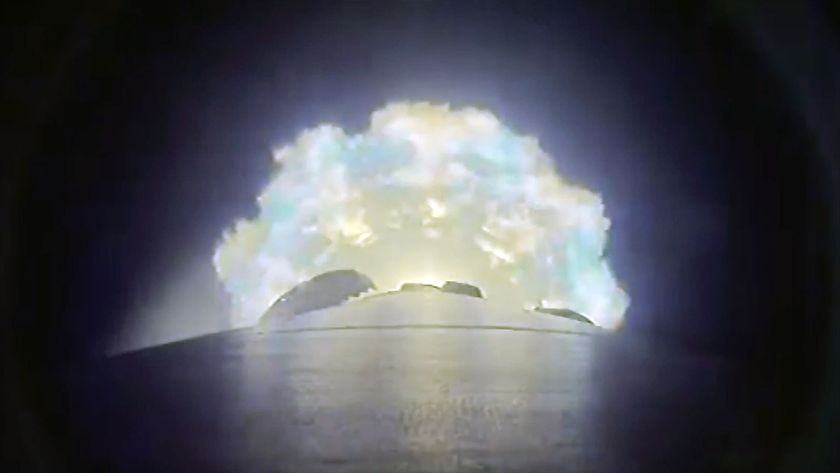 a camera mounted on the side of a rocket captures the plume from the booster&#039;s nine engines as they near cutoff and separation.
