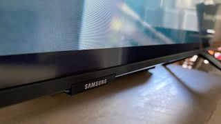 A close-up of the stand that comes with the Samsung TU8000 TV