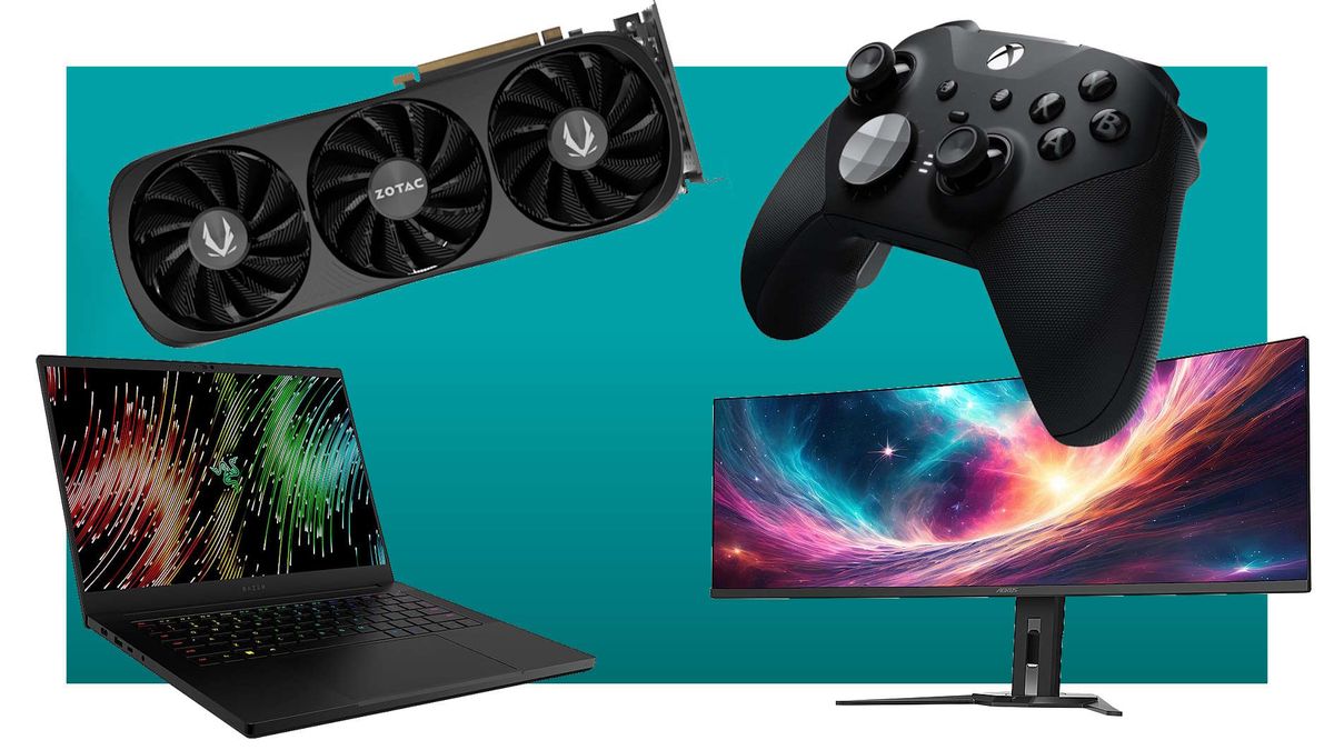 Collection of products including a graphics card, a controller, a laptop, and an ultrawide monitor