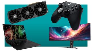 Collection of products including a graphics card, a controller, a laptop, and an ultrawide monitor
