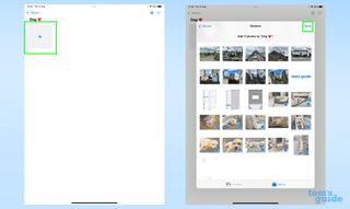 Two screenshots of an iPad showing how to put photos in an album