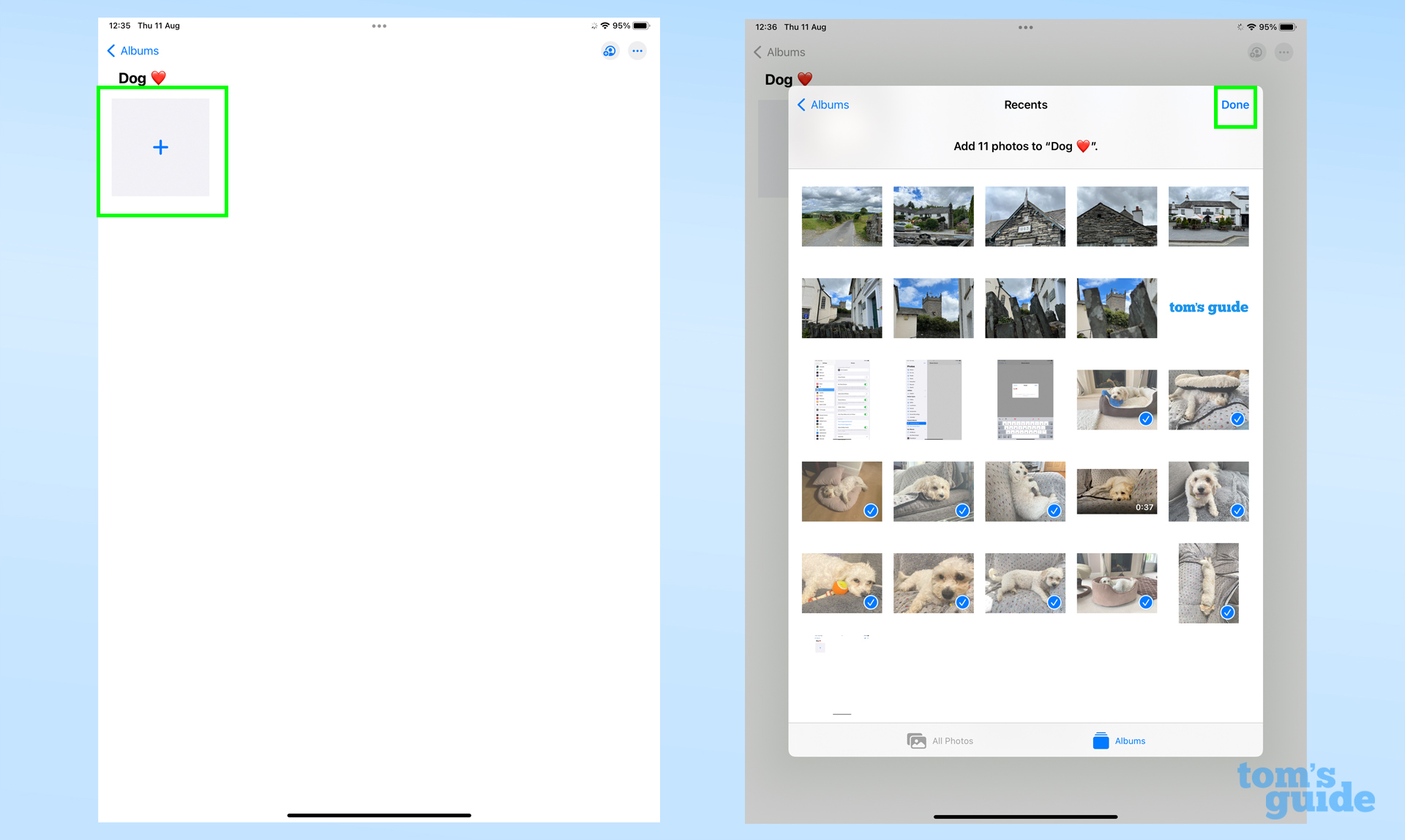 Two screenshots from an iPad showing how to add photos to an album